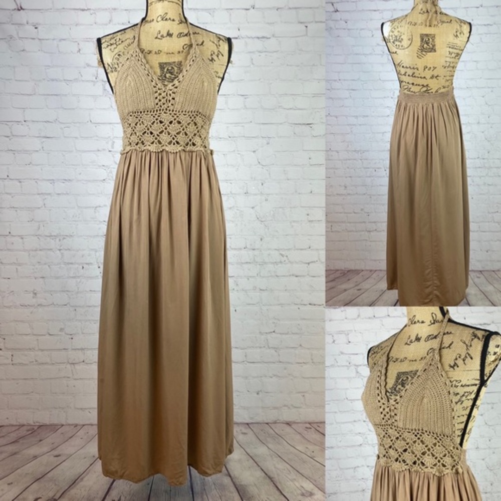 Lil Better Chocolate Brown Crochet Cami Open Back Maxi